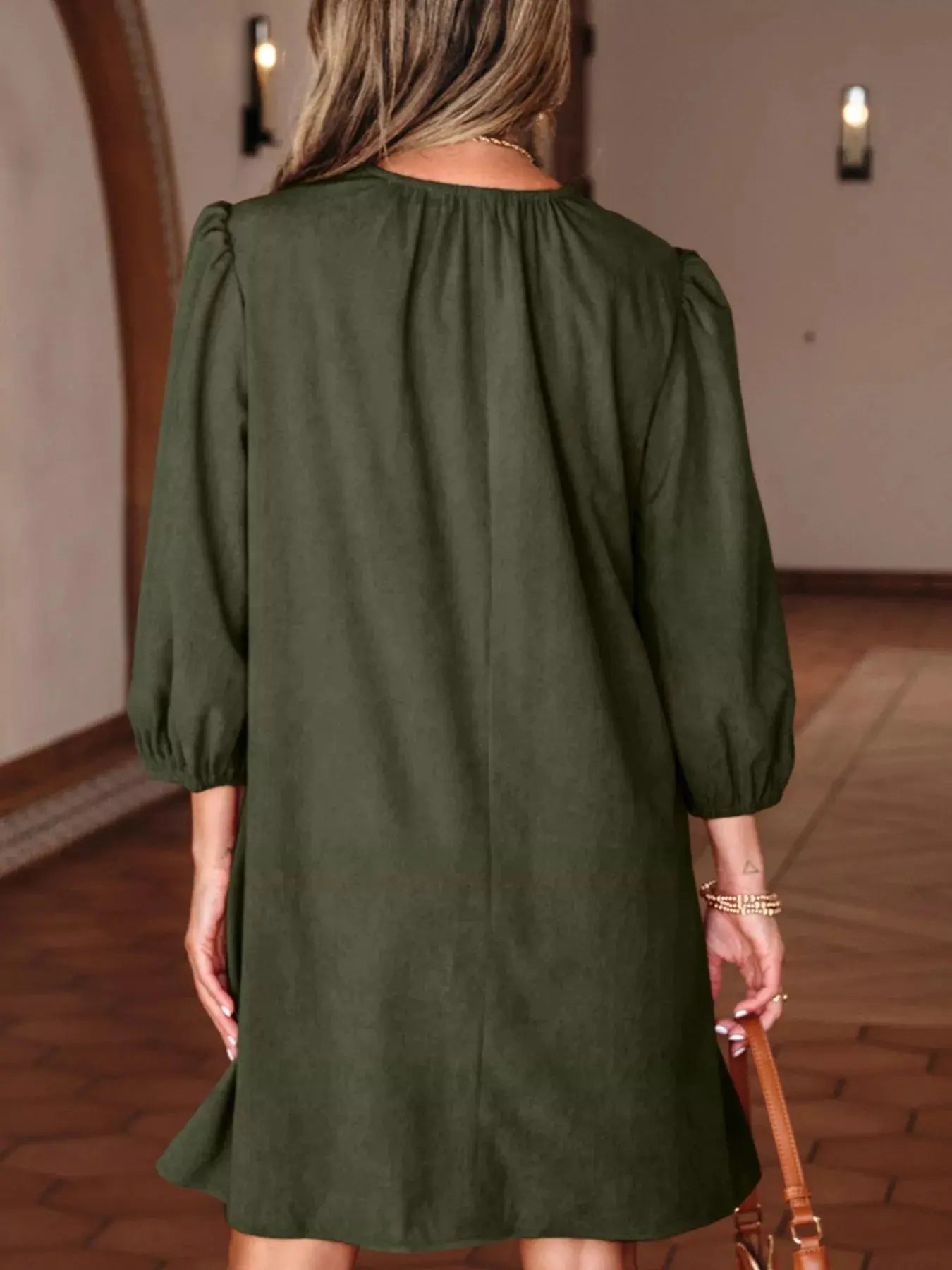 Bracelet Sleeve Split Neck Scallop Detail Pleated Corduroy Mini Dress Simply Love