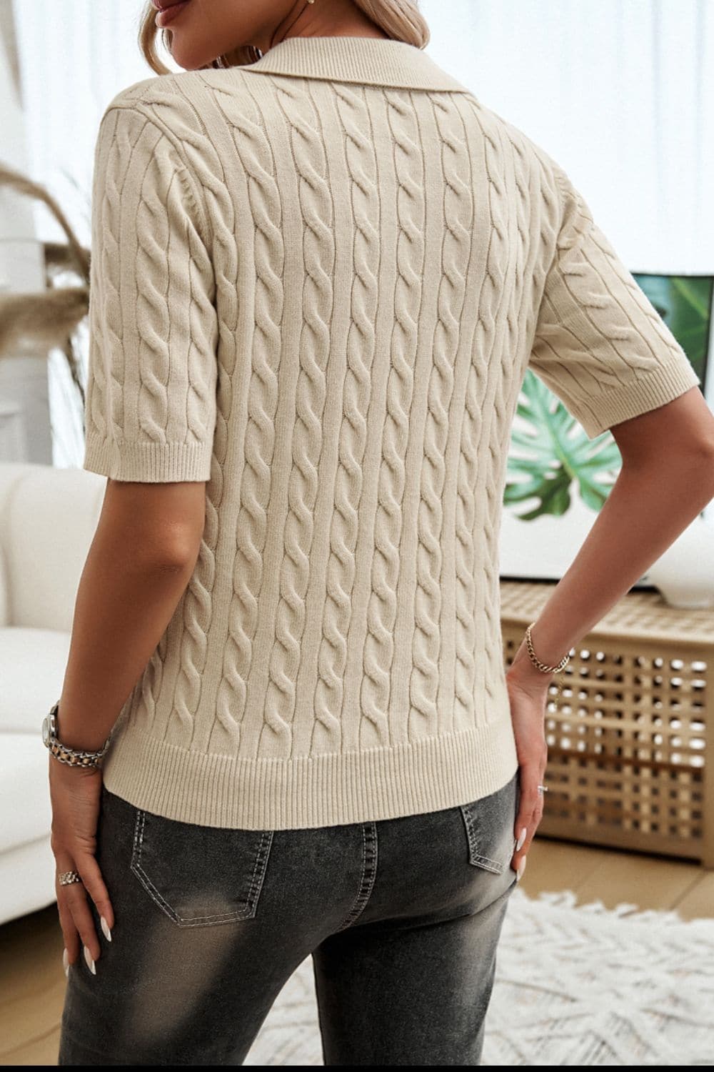 Cable-Knit Short Sleeve Sweater.