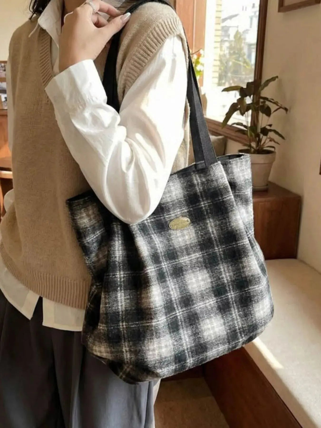 Plaid Pattern Casual Tote Bag Simply Love