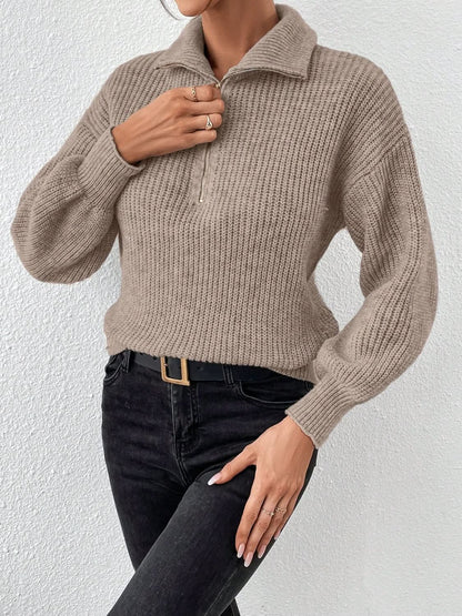 Cozy Honey Acrylic Half Zip Sweater with Dropped Shoulders