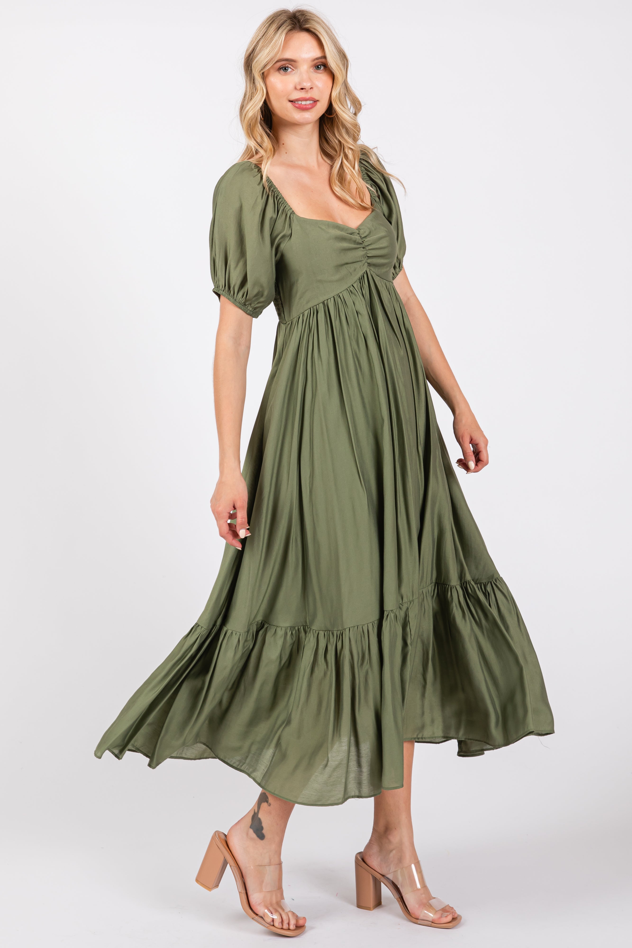 Olive Ruched Sweetheart Neck Tiered Midi Dress PinkBlush