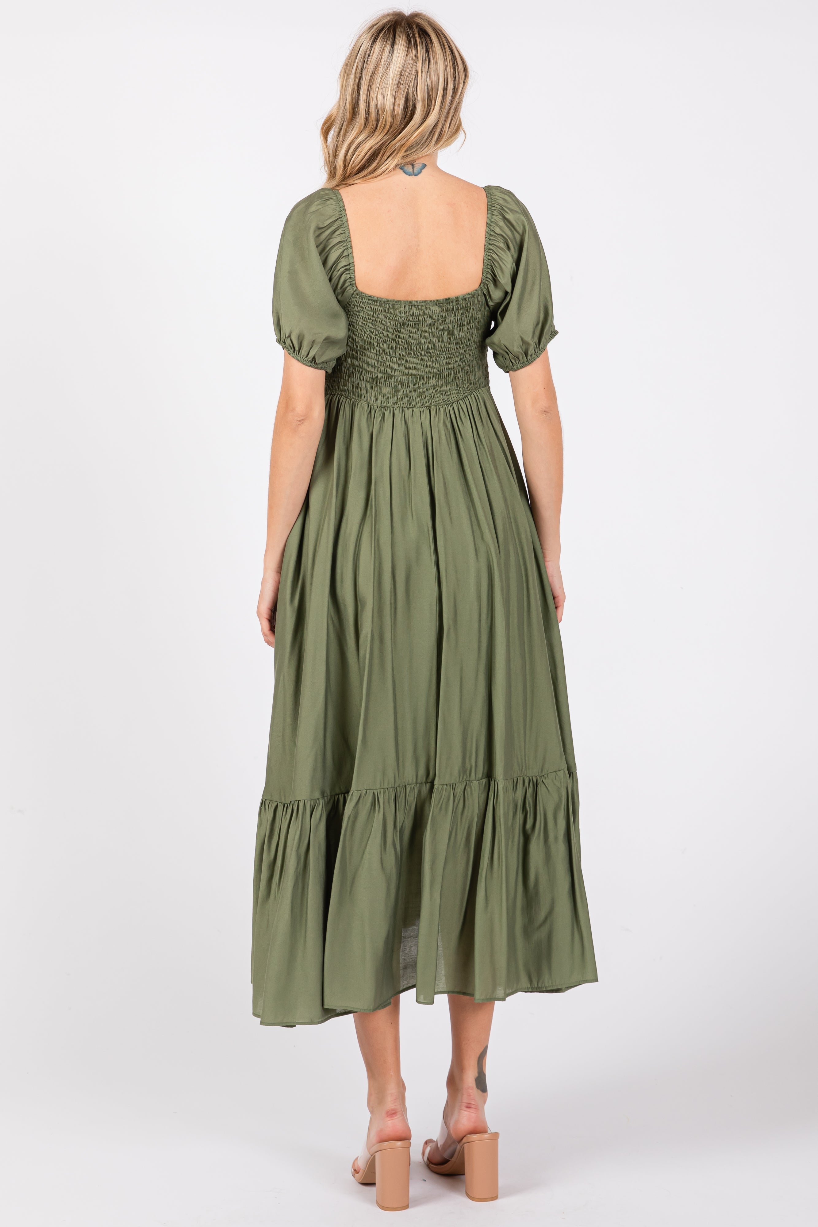 Olive Ruched Sweetheart Neck Tiered Midi Dress PinkBlush