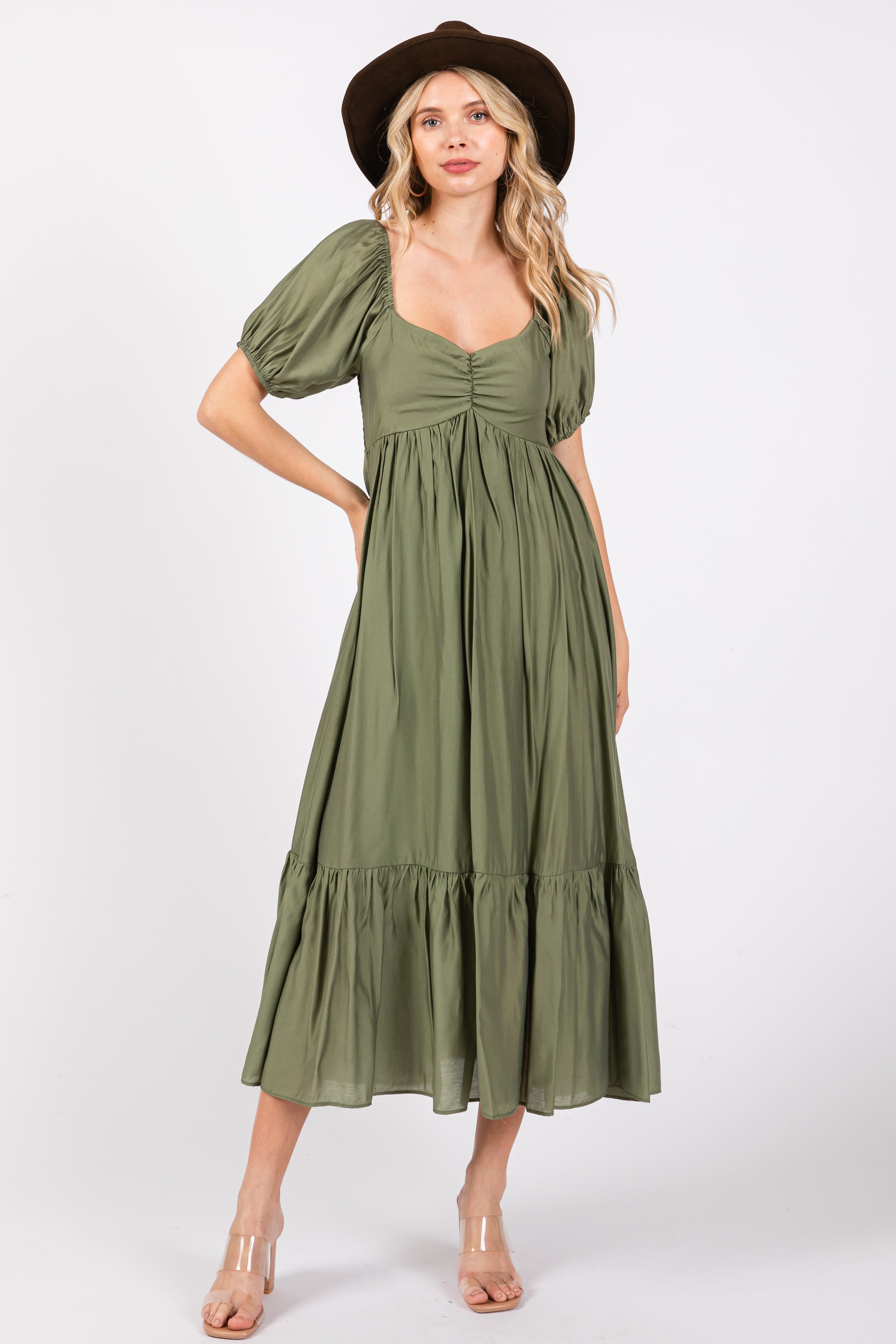 Olive Ruched Sweetheart Neck Tiered Midi Dress PinkBlush