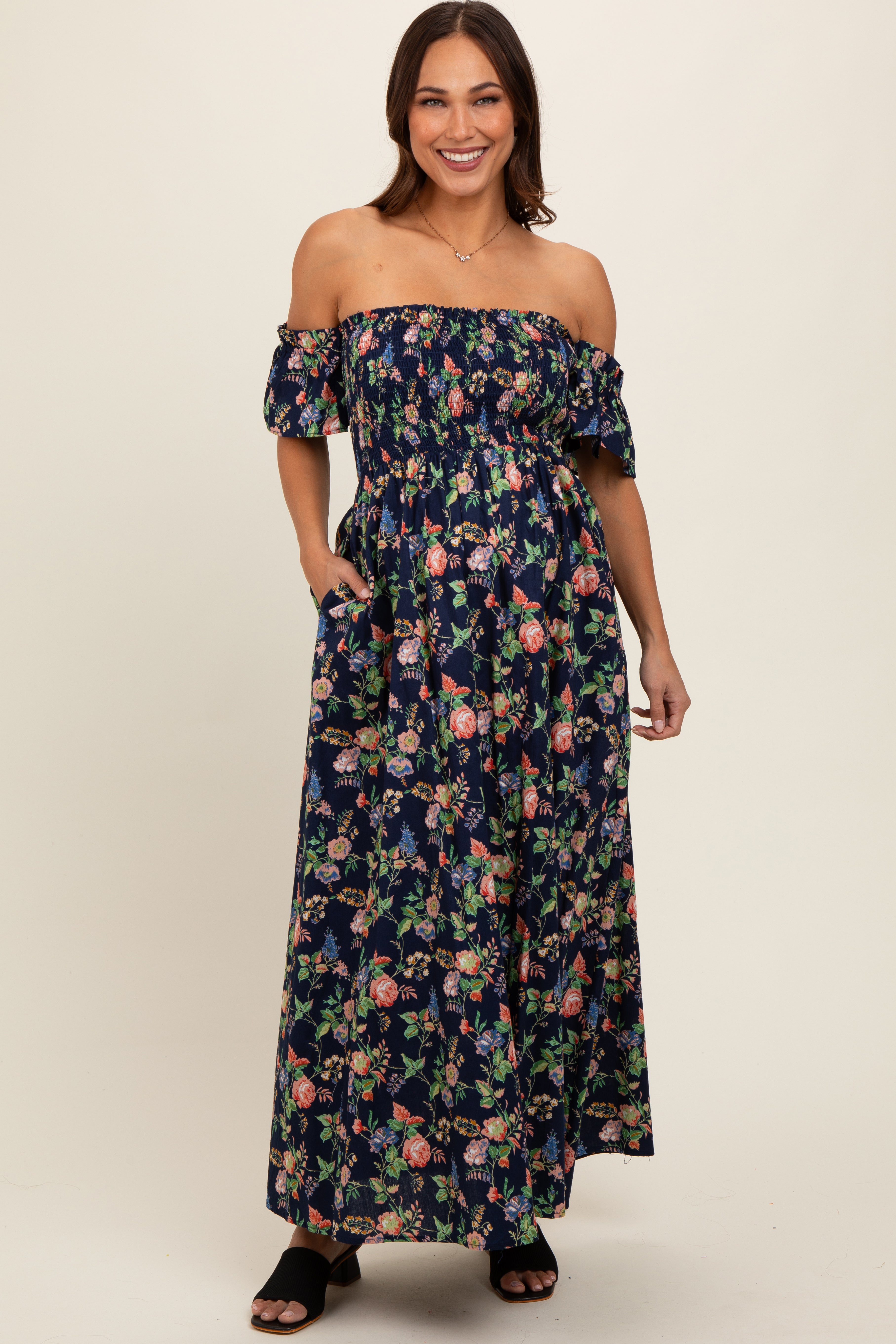 Navy Blue Floral Off Shoulder Maternity Dress PinkBlush