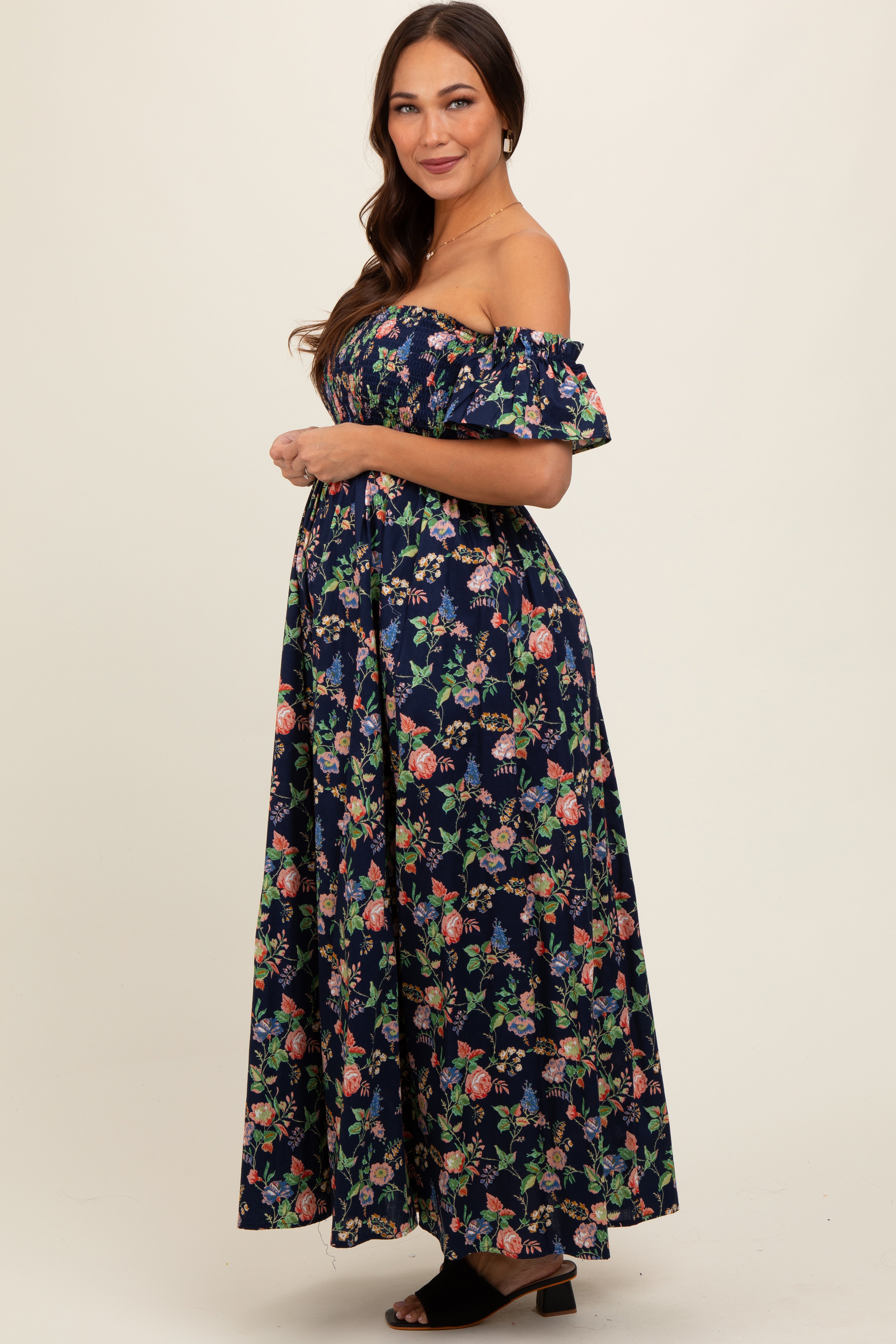 Navy Blue Floral Off Shoulder Maternity Dress PinkBlush