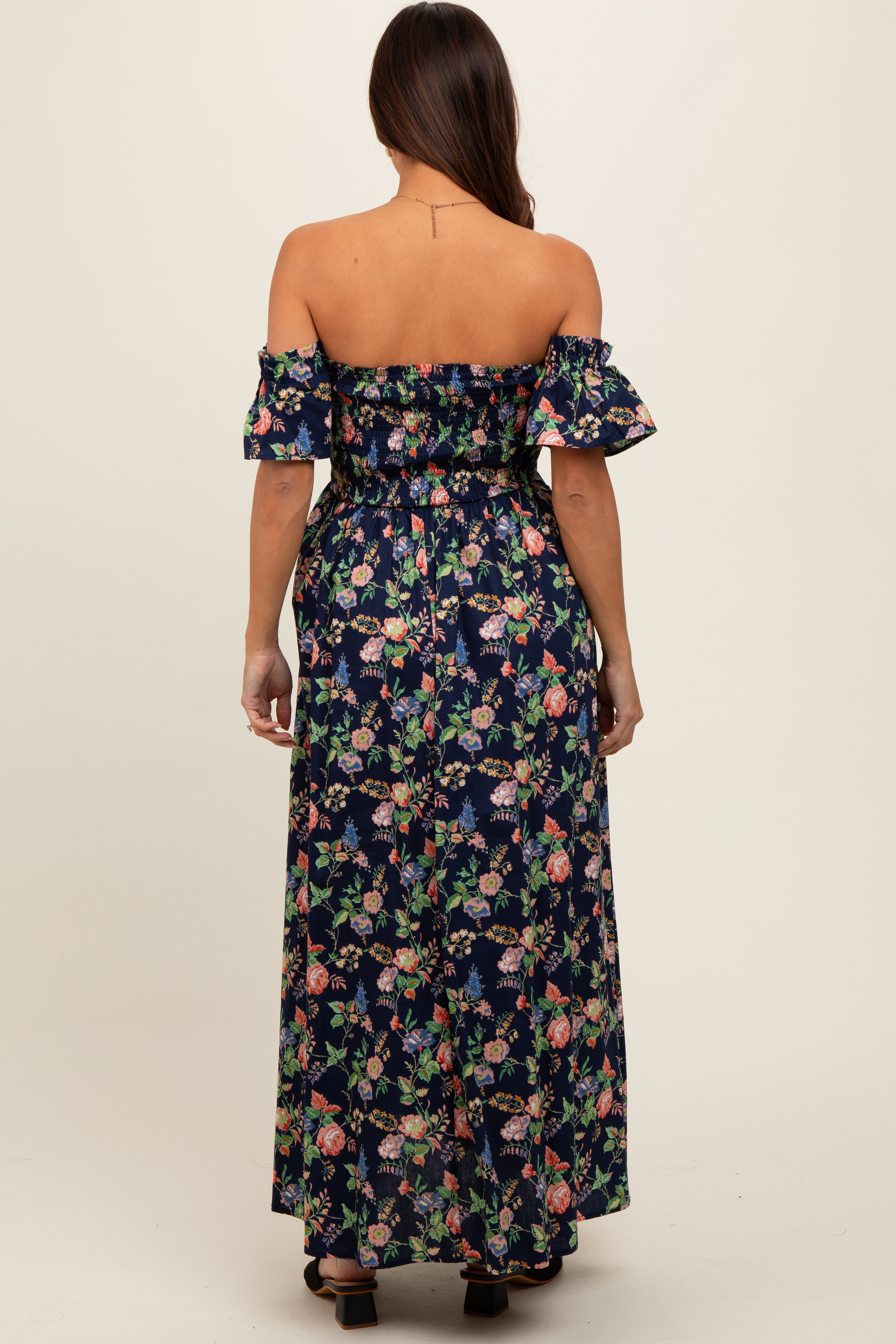 Navy Blue Floral Off Shoulder Maternity Dress PinkBlush