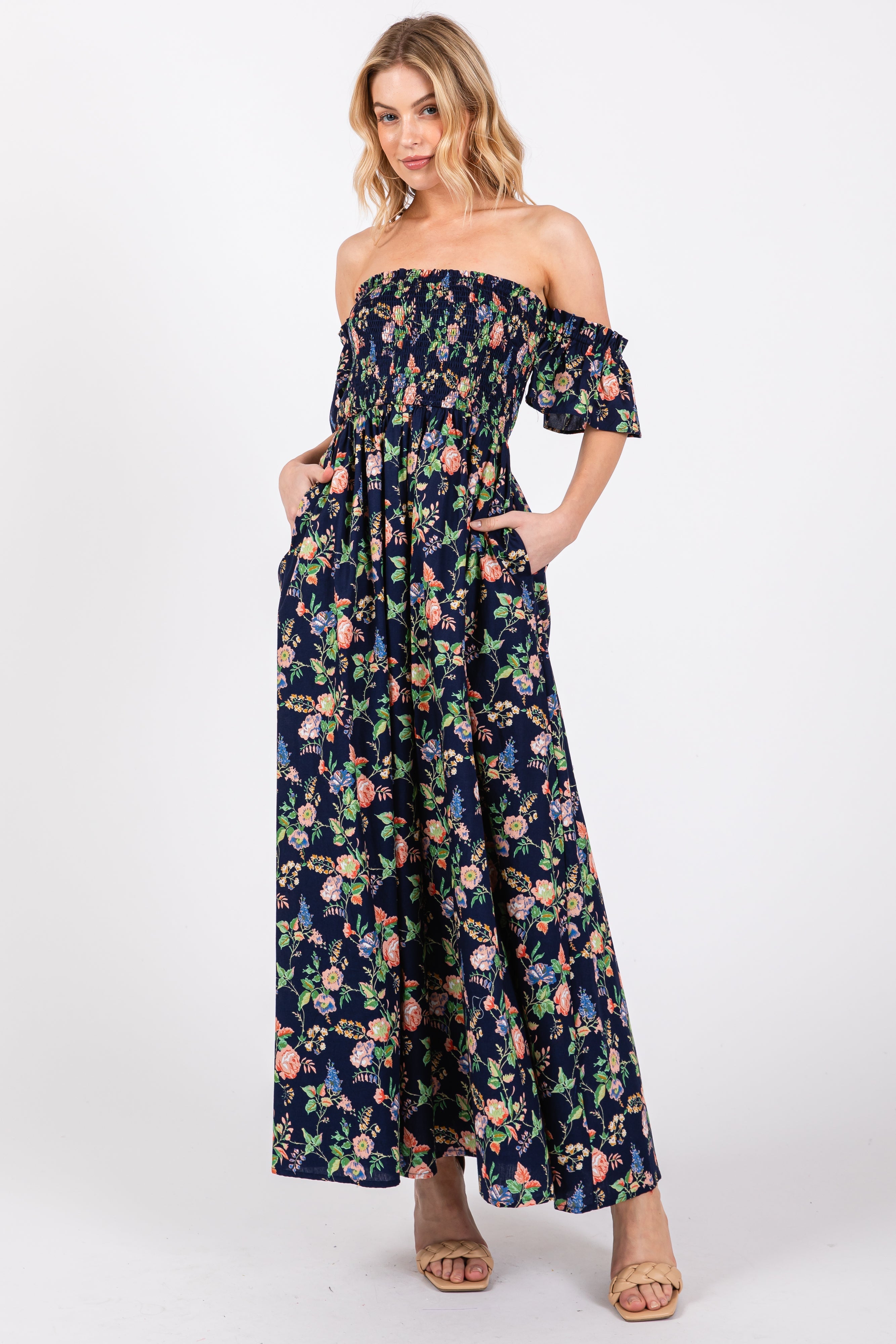 Navy Blue Floral Off Shoulder Maternity Dress PinkBlush