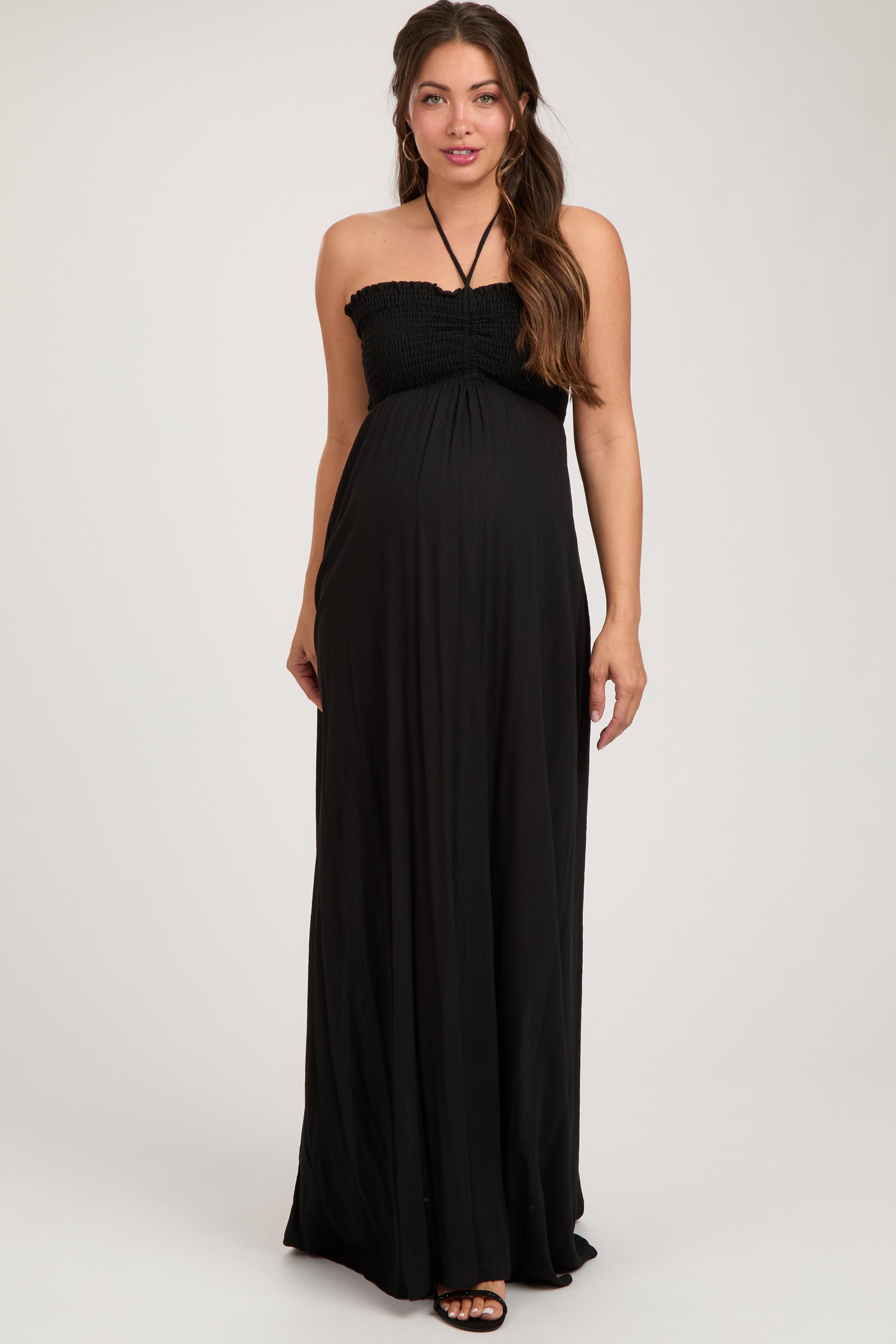 Black Smocked Halter Maternity Maxi Dress PinkBlush
