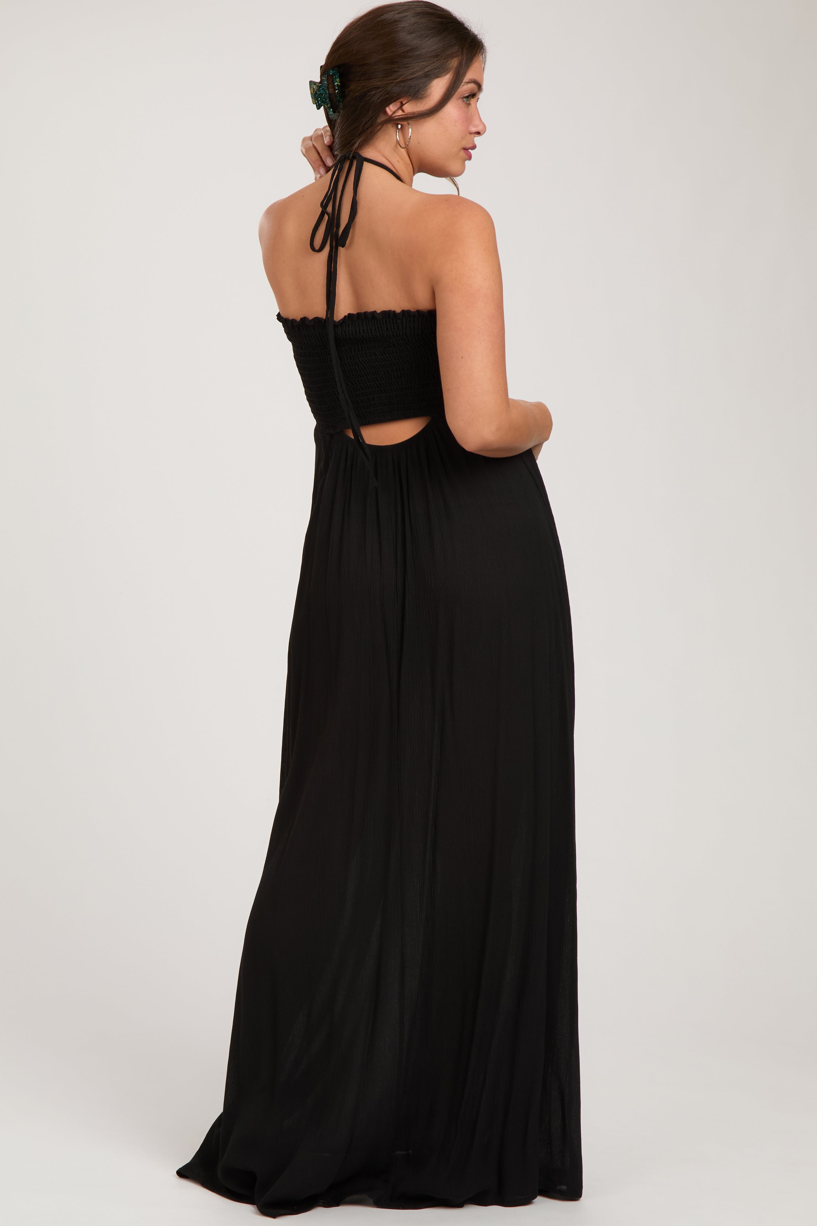 Black Smocked Halter Maternity Maxi Dress PinkBlush