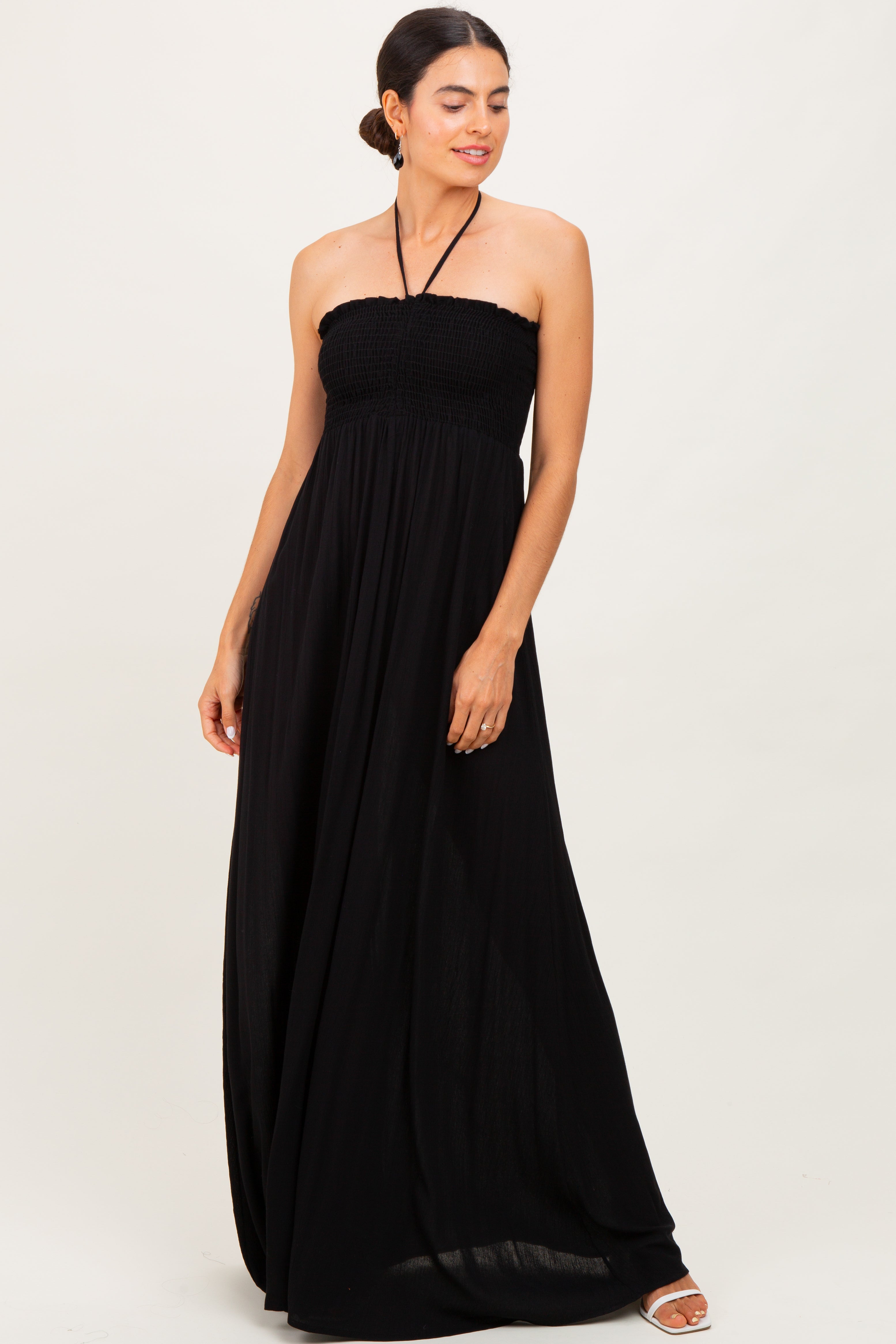 Black Smocked Halter Maternity Maxi Dress PinkBlush