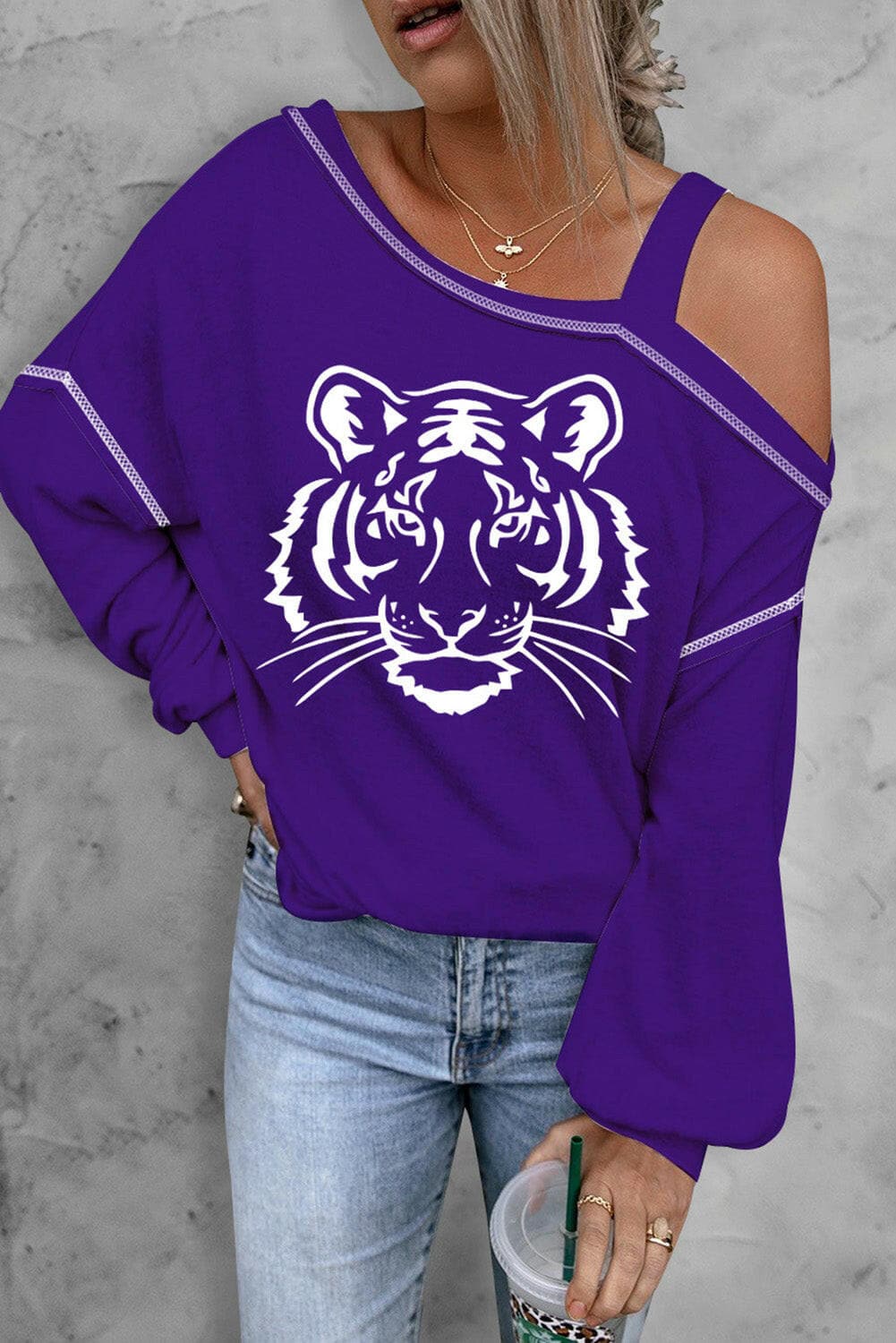 Tiger Graphic Long Sleeve Asymmetrical Neck Top.