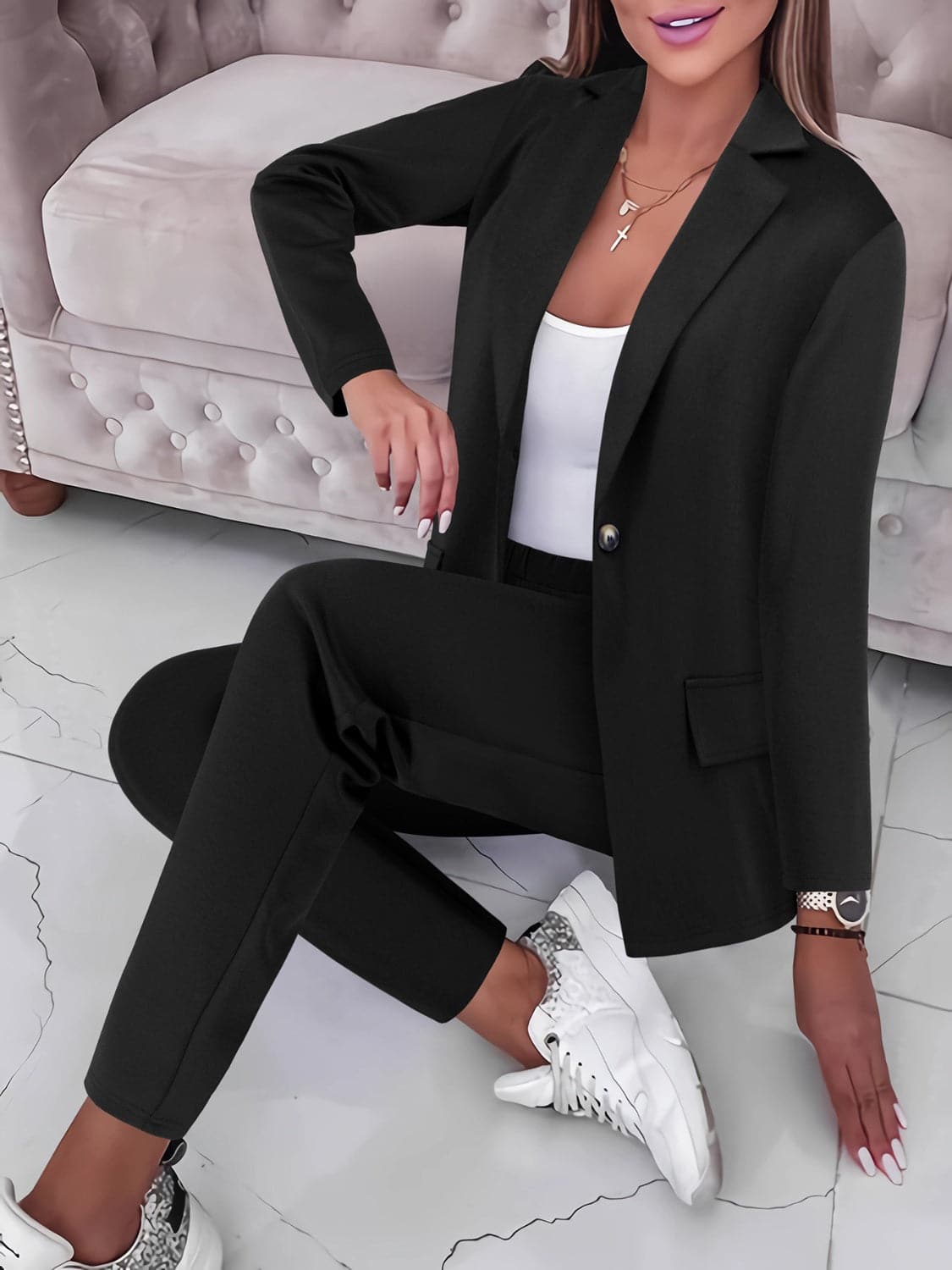 Lapel Collar Long Sleeve Top and Pants Set.