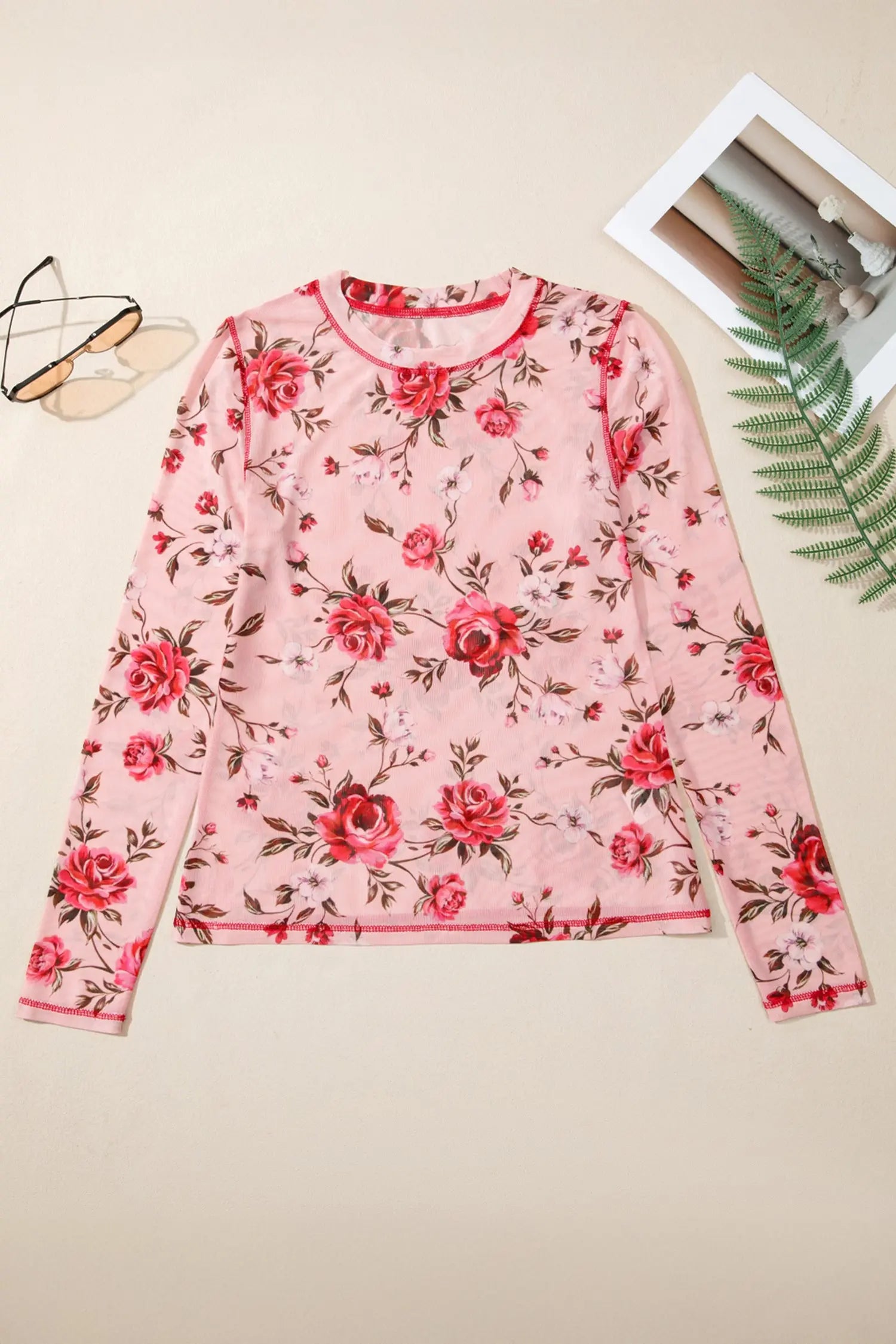 Pink Floral Print Mesh Long Sleeve Top With Exposed Seam Detail Dear-Lover Dropshipping