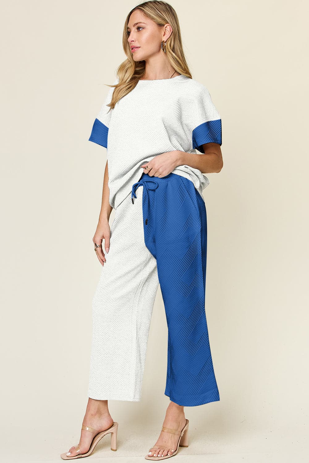 Double Take Full Size Texture Contrast T-Shirt and Wide Leg Pants Set.