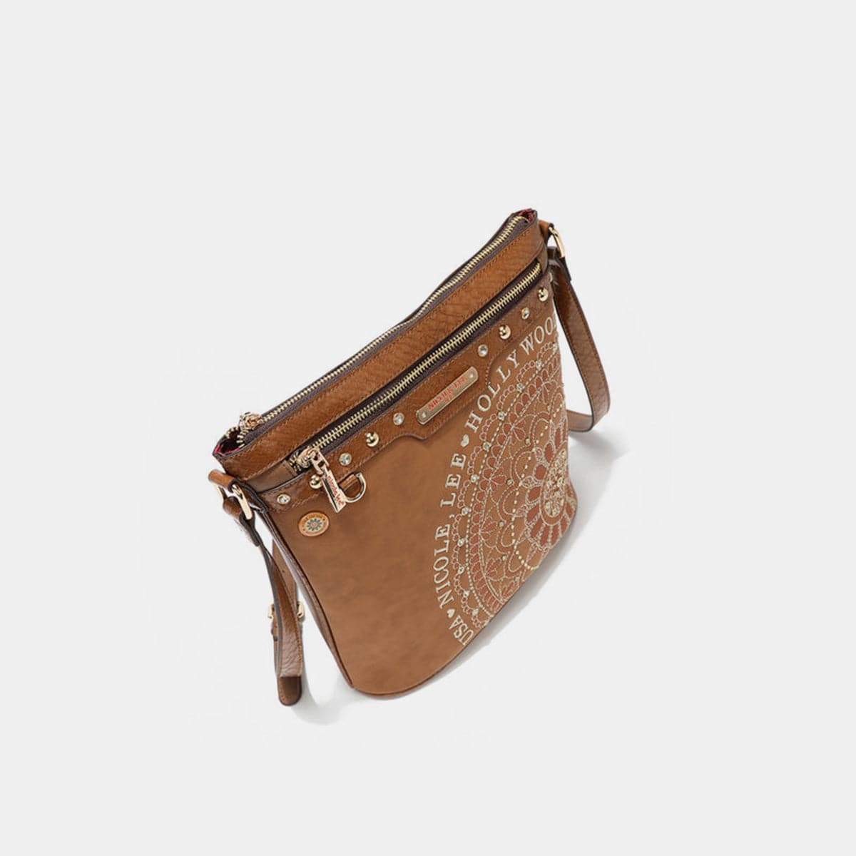 Nicole Lee USA Metallic Stitching Embroidery Inlaid Rhinestone Crossbody Bag.