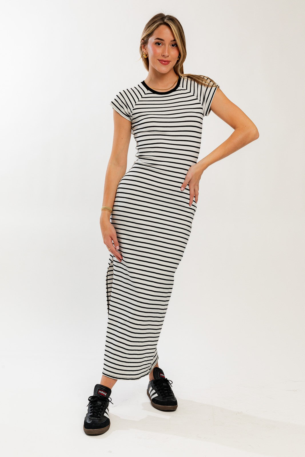 White Black Striped Side Slit Fitted Maternity Maxi Dress PinkBlush