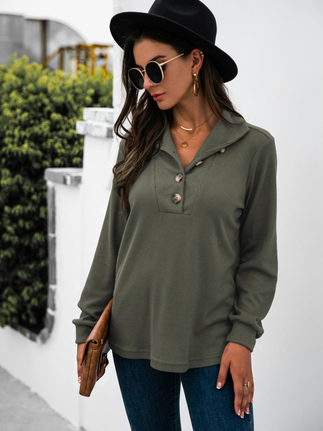 Chic half button long sleeve top