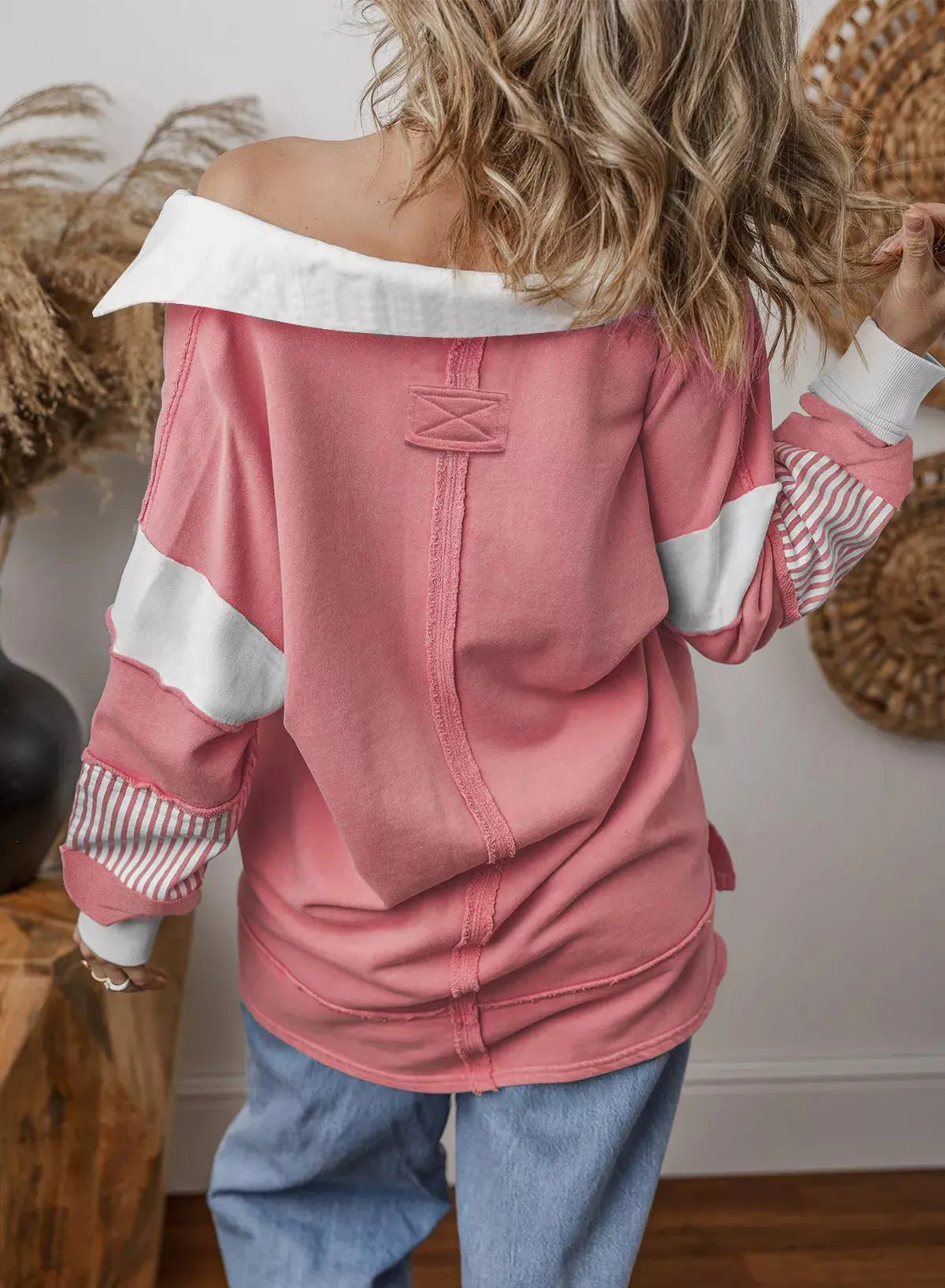 Color Block Striped Johnny Collar Sweatshirt Simply Love