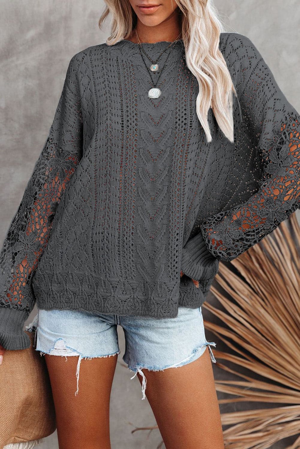 Openwork Lantern Sleeve Dropped Shoulder Sweater.