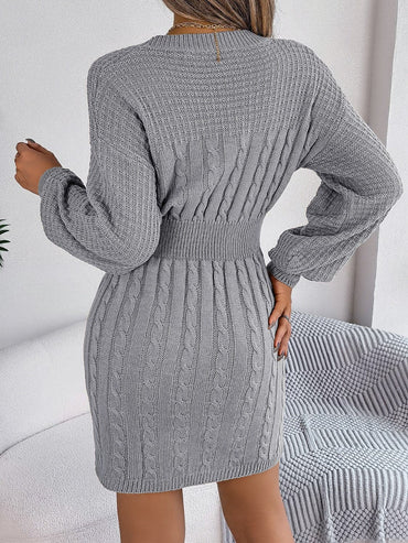 Cable-Knit Cutout Round Neck Slit Sweater Dress.