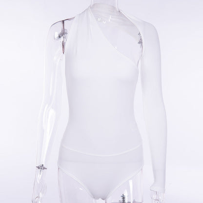 Sexy One-Shoulder Tight Bodysuit Spring Summer Street Office Milk Silk Bottoming Shirt