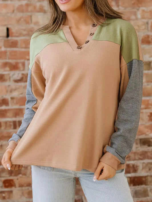 Color Block Thermal Textured Knit Drop Shoulder Henley Top Simply Love