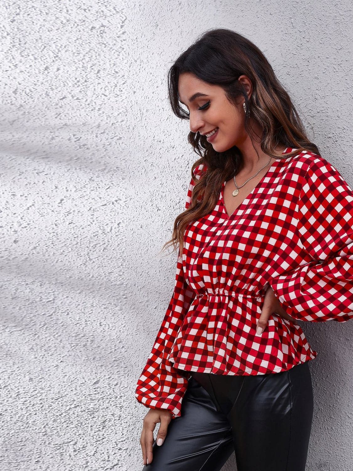 Ruched Printed V-Neck Long Sleeve Blouse.