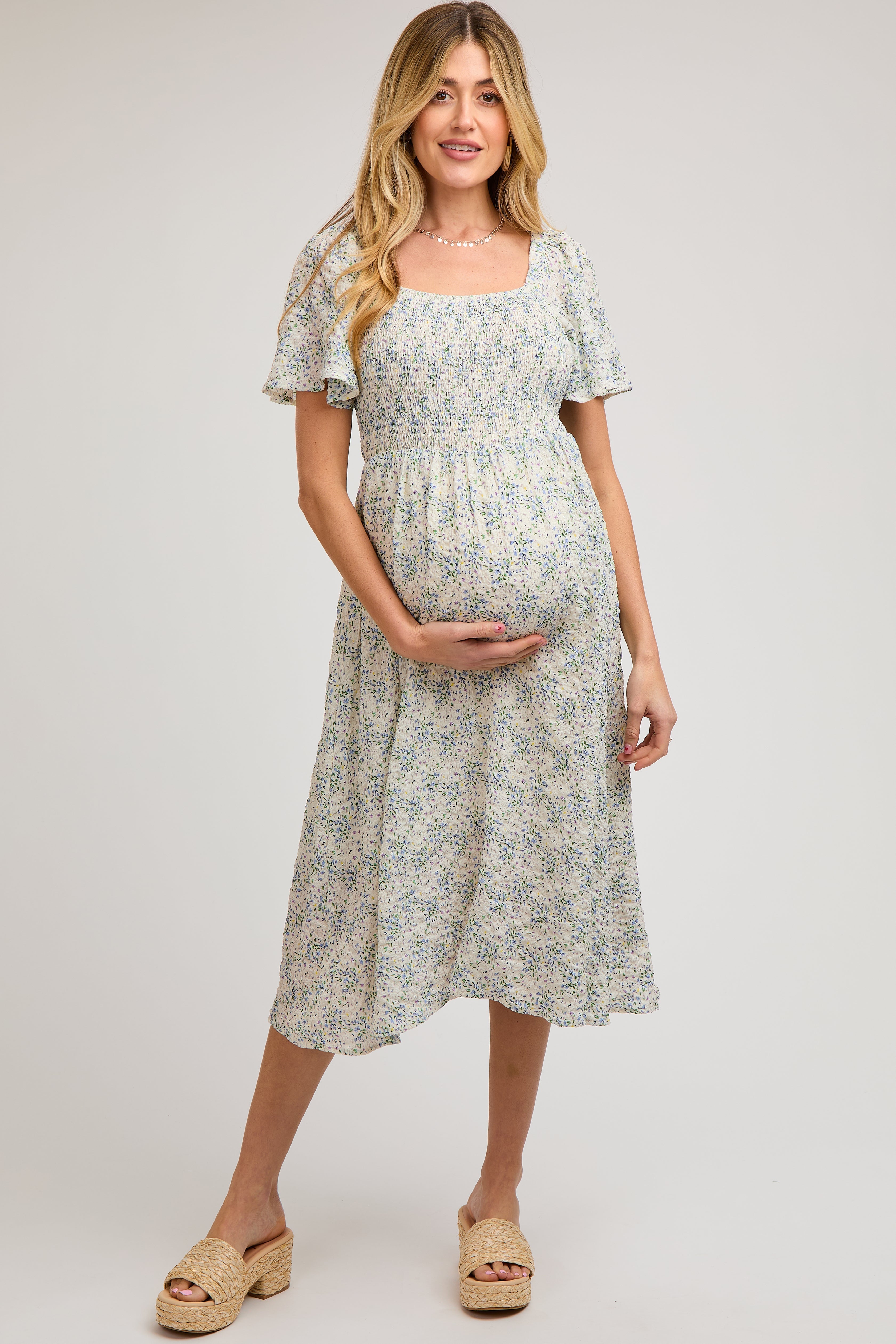 White Floral Square Neck Smocked Maternity Midi Dress PinkBlush
