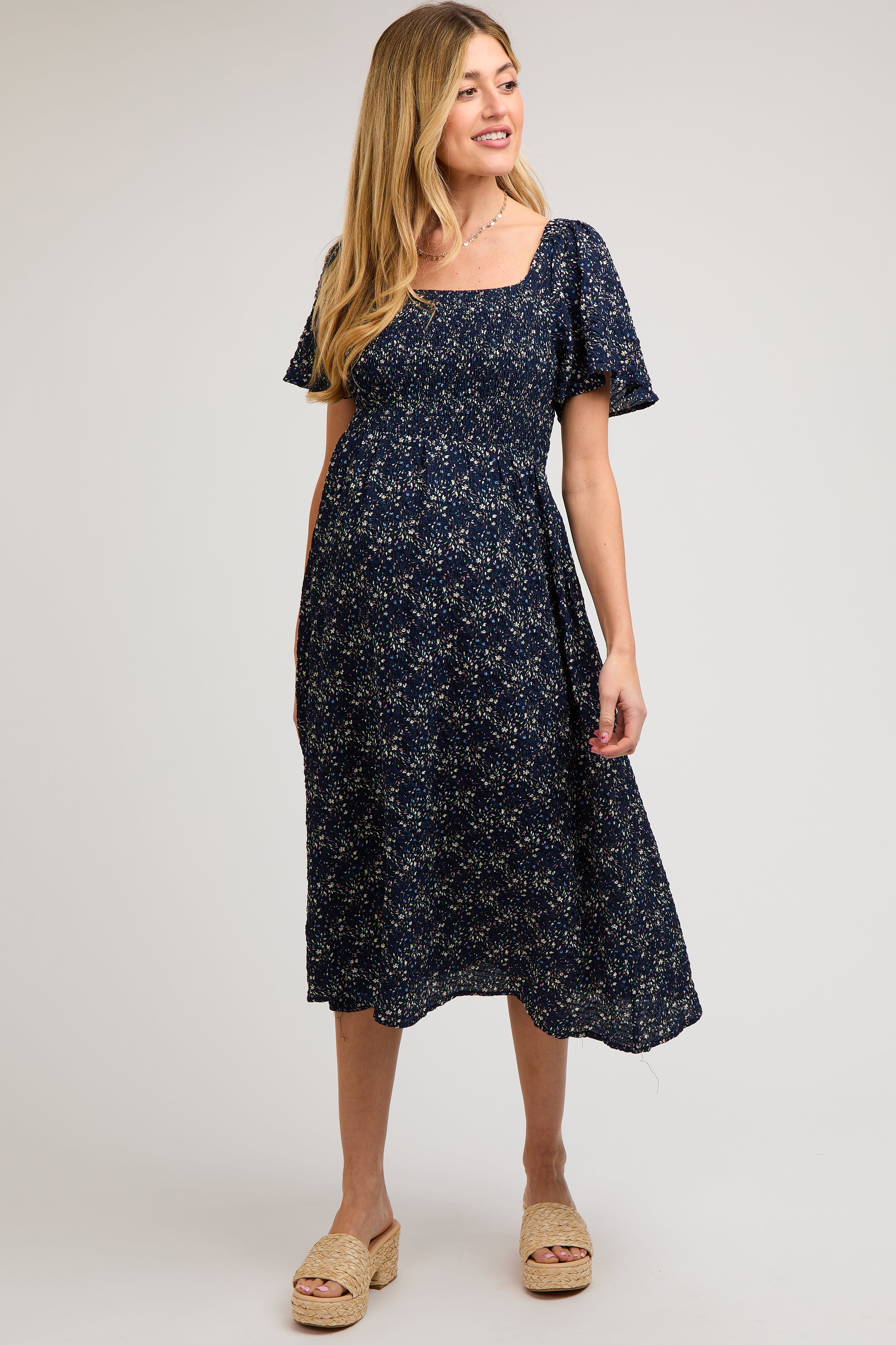 Navy Floral Square Neck Smocked Maternity Midi Dress PinkBlush