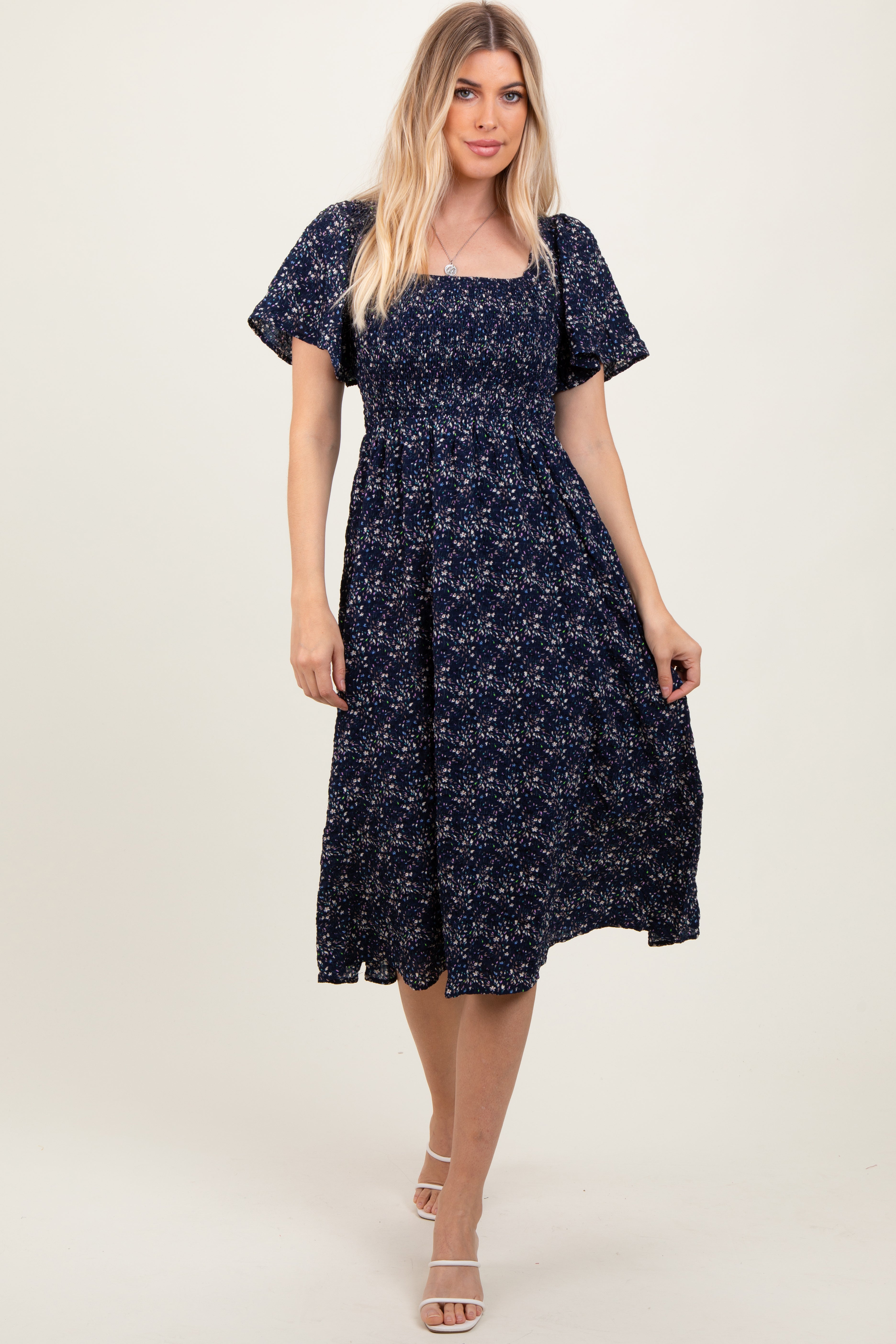Navy Floral Square Neck Smocked Maternity Midi Dress PinkBlush