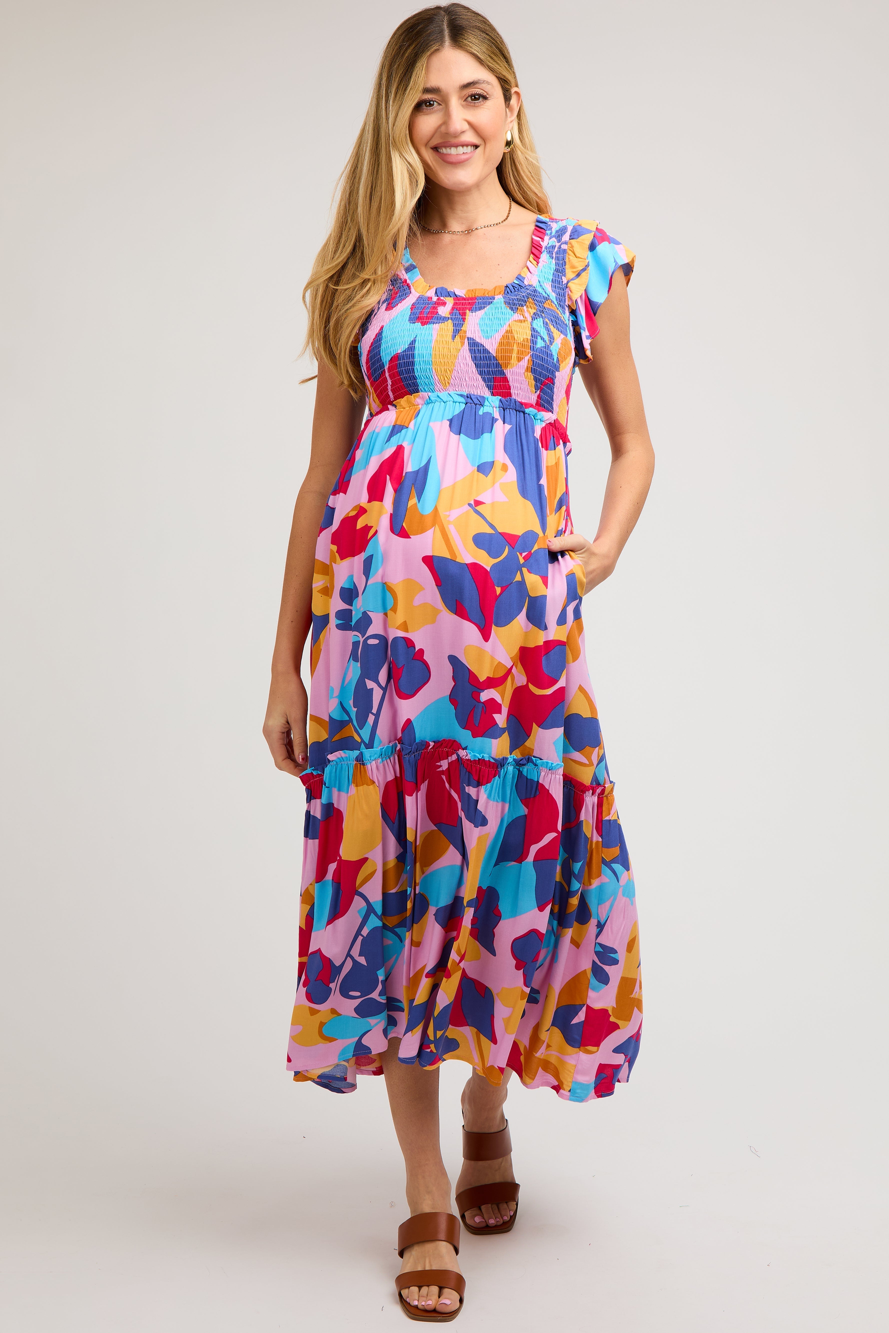 Multi-Color Smocked Ruffle Maternity Midi Dress PinkBlush