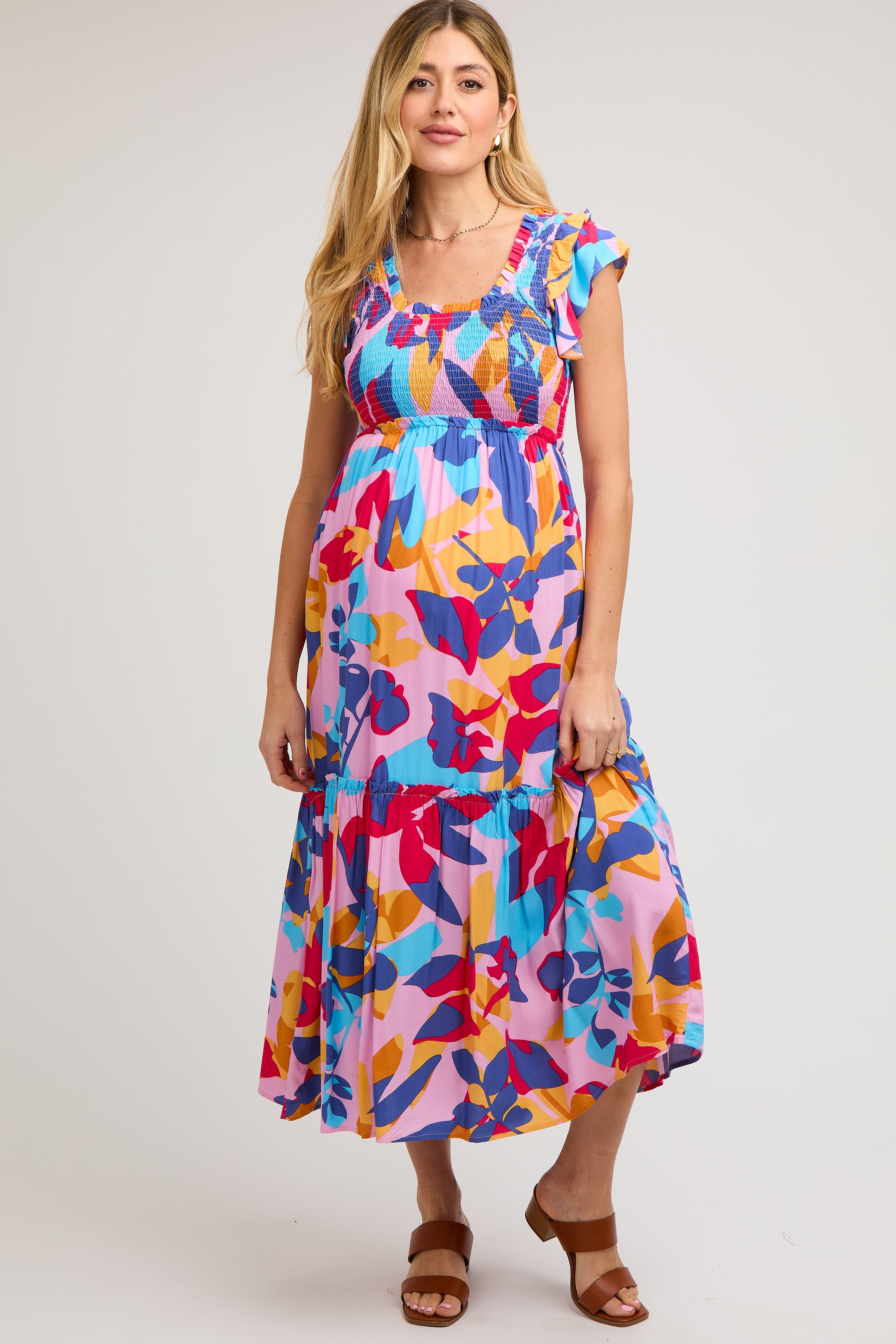 Multi-Color Smocked Ruffle Maternity Midi Dress PinkBlush