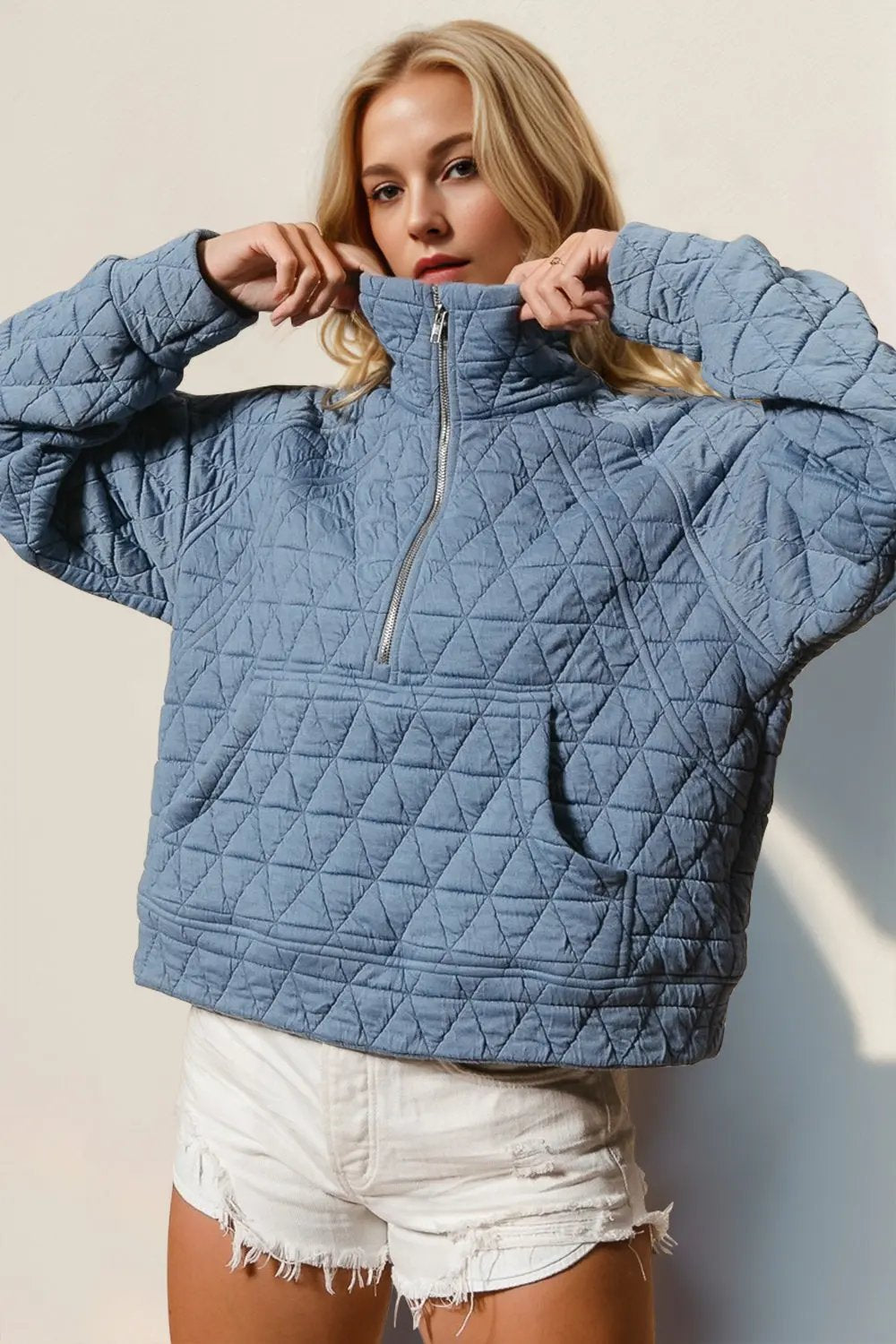 Double Take Half Zip Long Sleeve Quilted Sweatshirt with Pocket - Love Salve