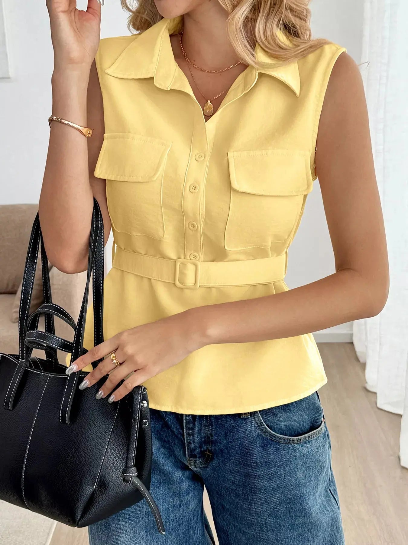 Button Front Sleeveless Blouse Simply Love