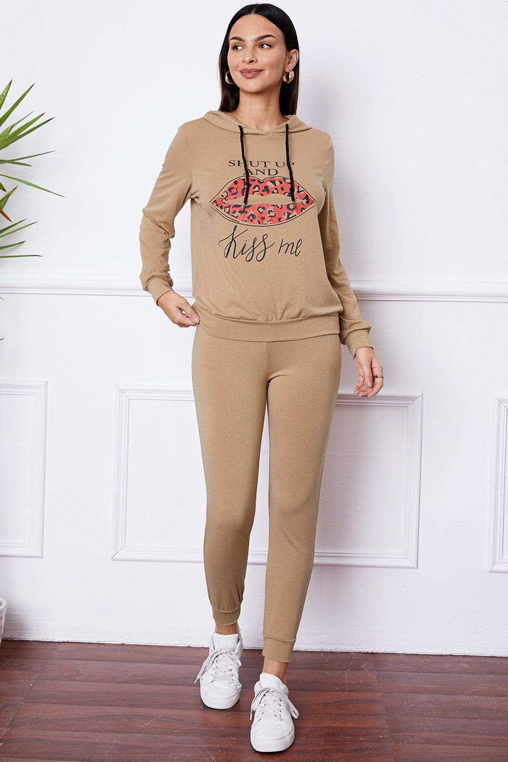 SHUT UP AND KISS ME Lip Graphic Hooded Top and Drawstring Pants Set.