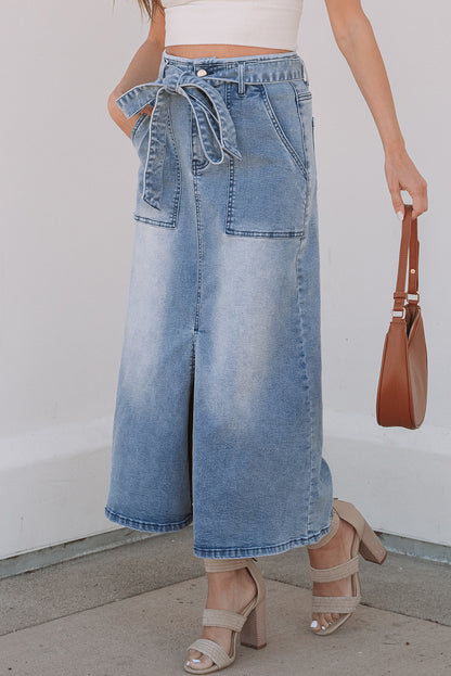 Dusk Blue High-Waisted Belted Midi Denim Skirt with Split Detail