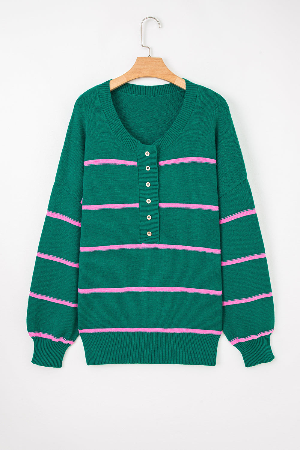Green Stripe Half Buttons Drop Shoulder Plus Size Sweater Dear-Lover Dropshipping