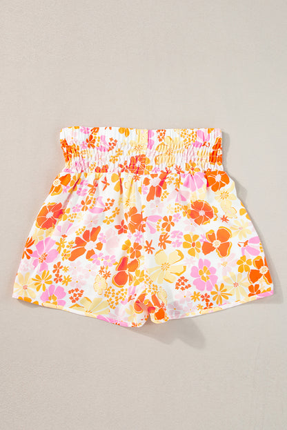 Chic orange floral high-waisted casual shorts with shirred detailing