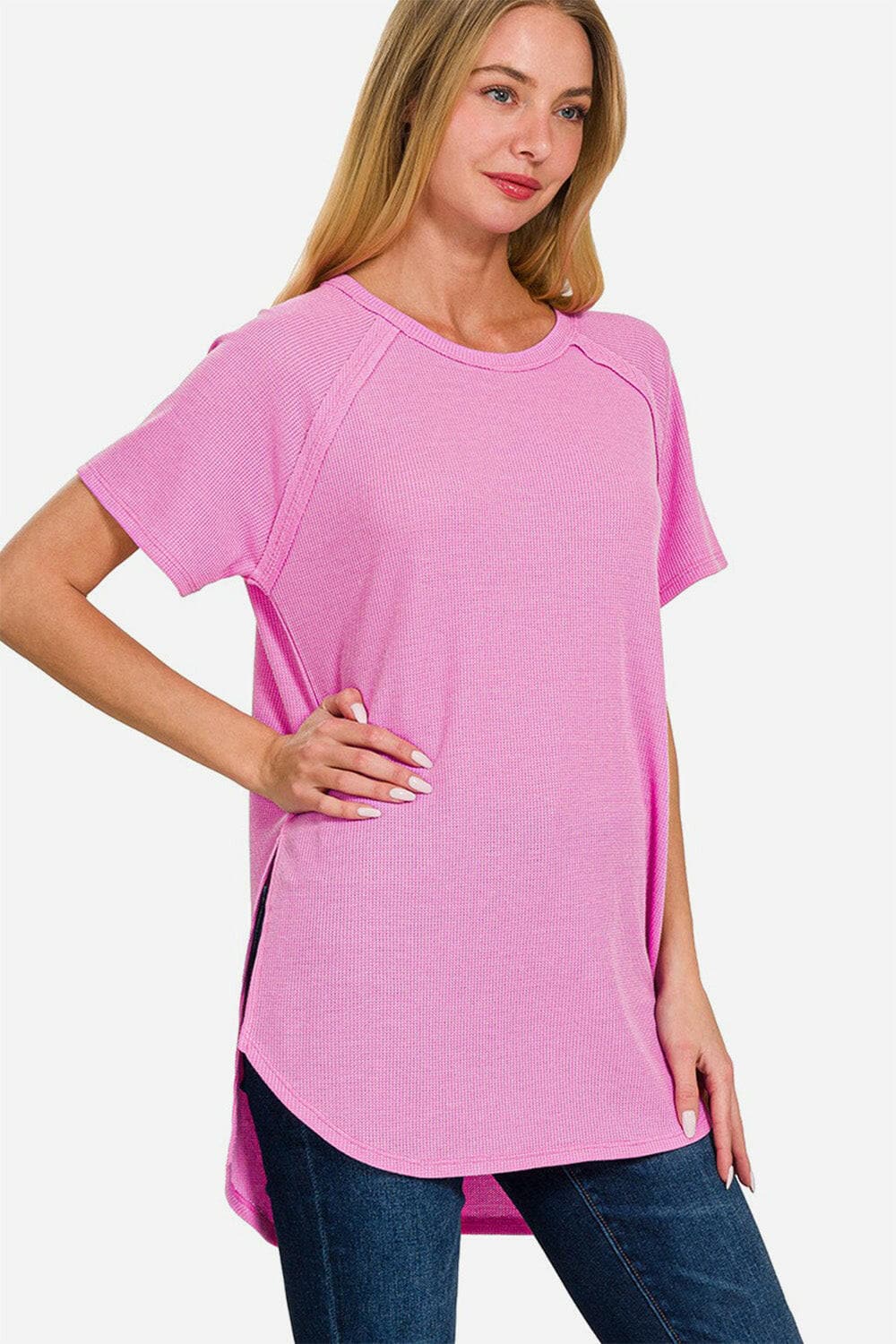 Zenana Slit Round Neck Short Sleeve Waffle Top.