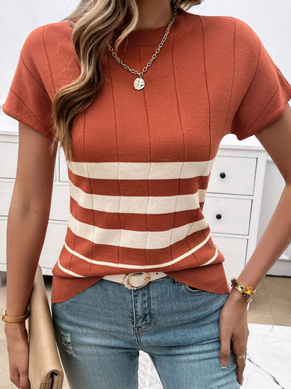 Striped Round Neck Short Sleeve Knit Top.