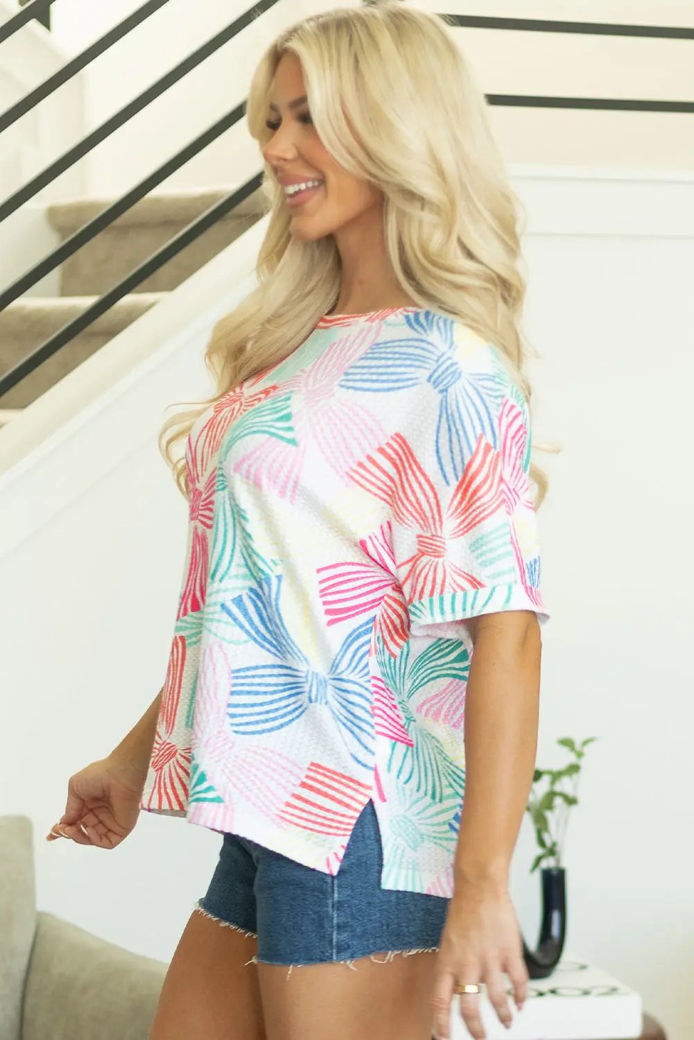 Kaeli Bowknot Waffle Crewneck Loose Short Sleeve Top - Love Salve 