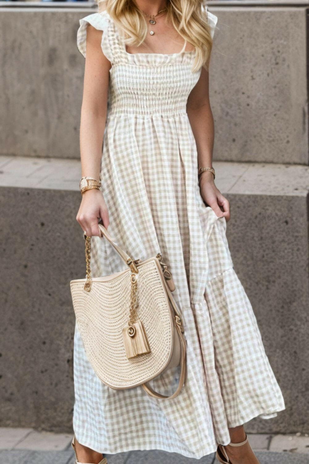 Full Size Smocked Ruffled Plaid Ruffle Hem Dress.