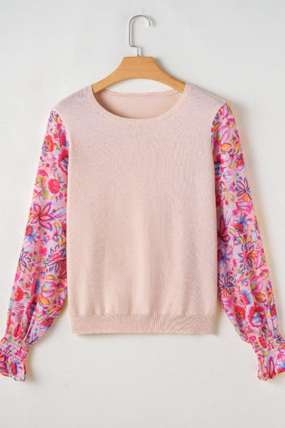 Printed Round Neck Flounce Sleeve Sweater