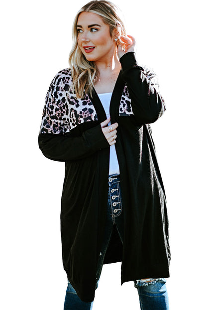 Chic black cardigan with leopard print accents