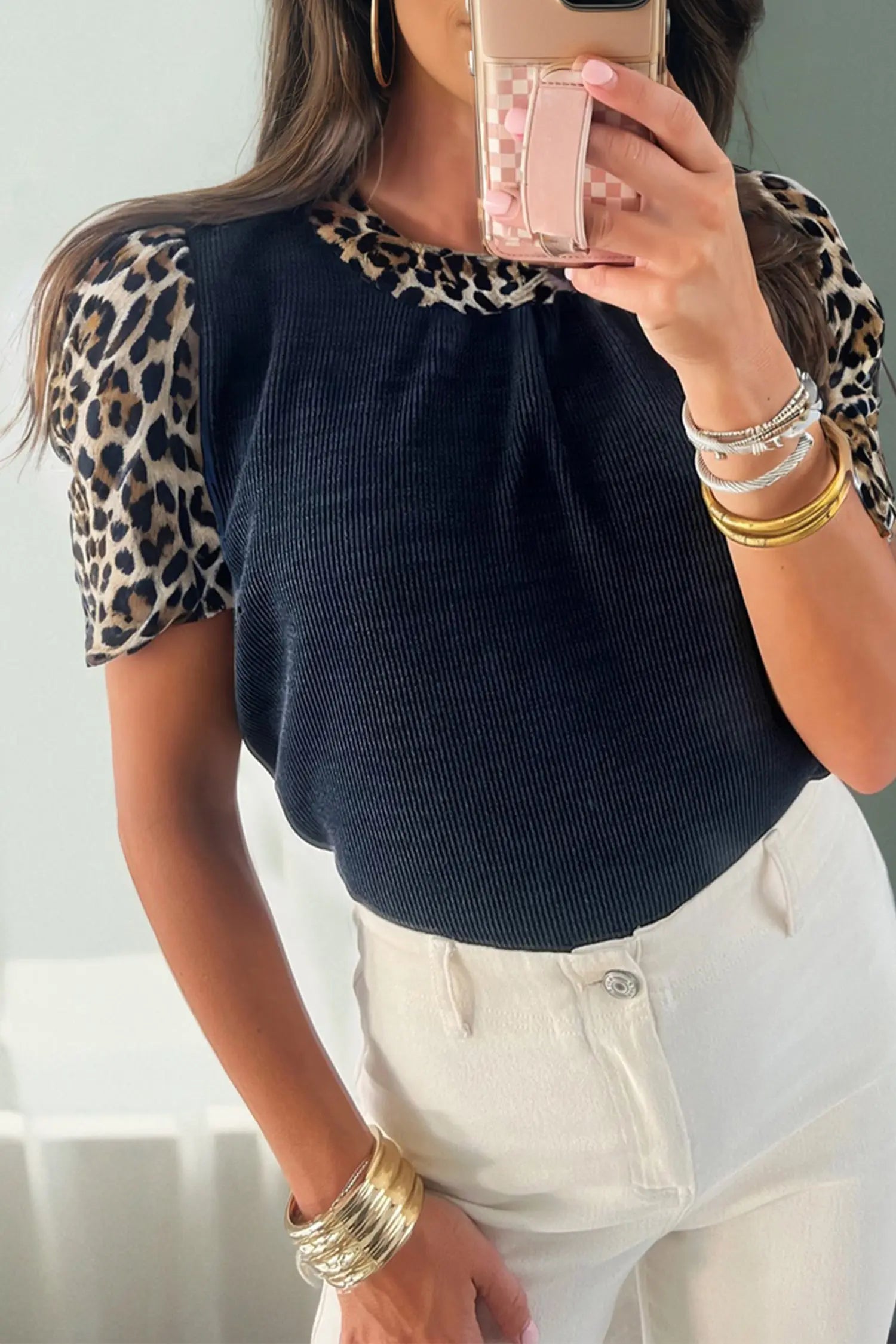 Navy Blue Ribbed Patchwork Leopard Short Sleeve Top For Women Dear-Lover Dropshipping