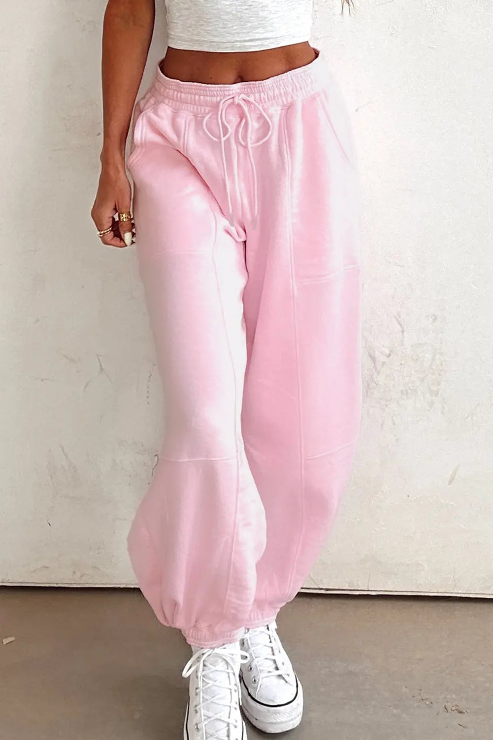 Light Pink Drawstring Waist Patchwork Solid Color Jogger Pants Love Salve
