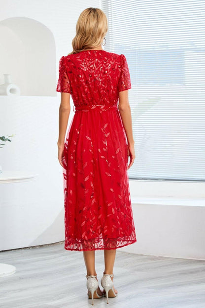 Sequin Leaf Embroidery Tie Front Short Sleeve Dress.