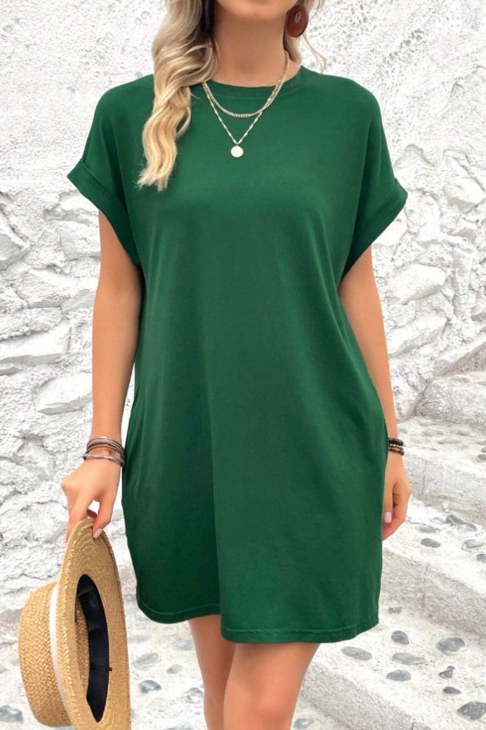 Casual pocketed round neck tee dress