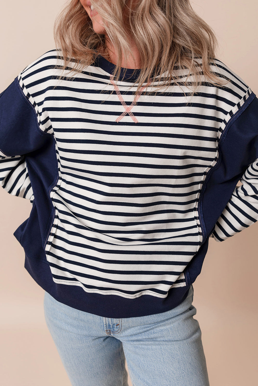 Chic white stripe color block loose fit sweatshirt with exposed seams