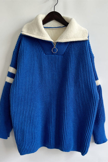 Quarter Zip Striped Dropped Shoulder Sweater.